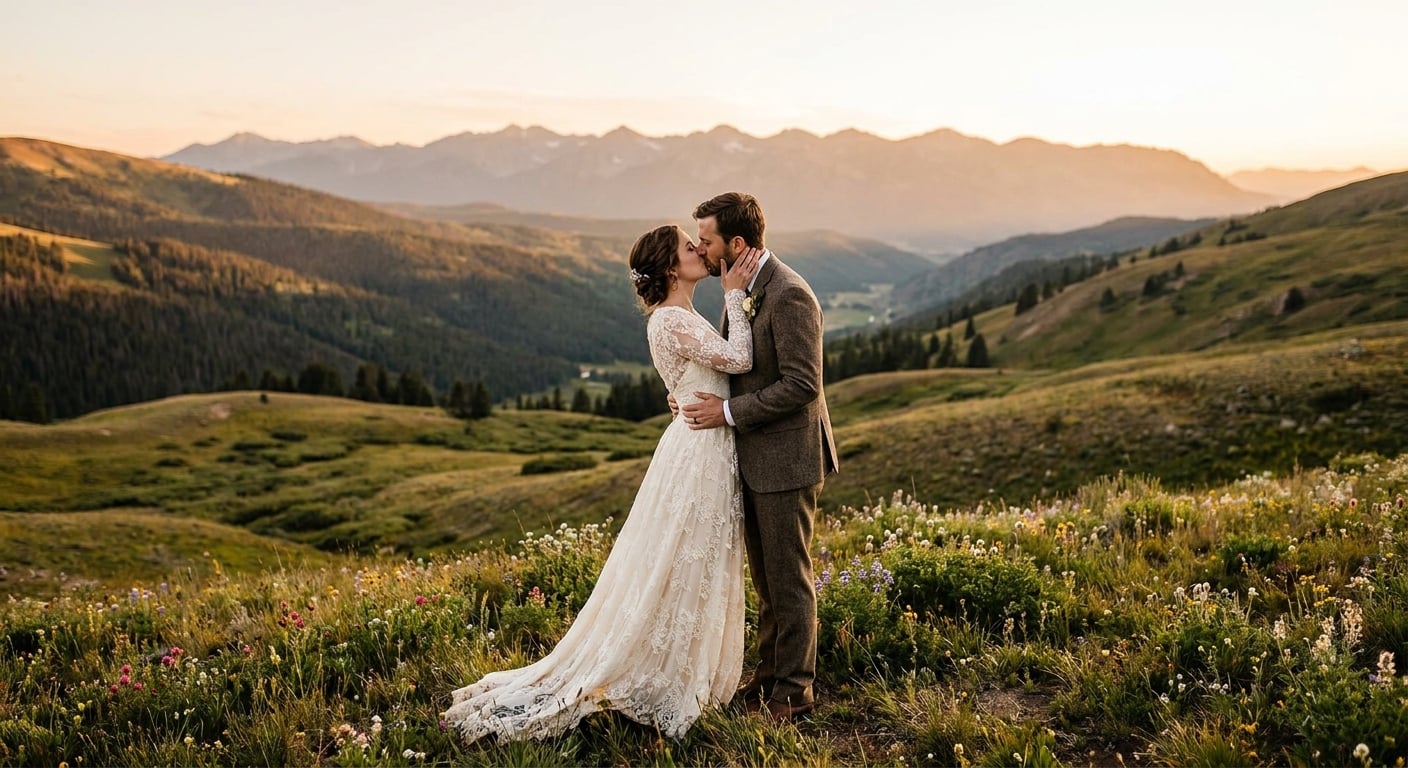 Bride and groom kissing in a mountain meadow at golden hour